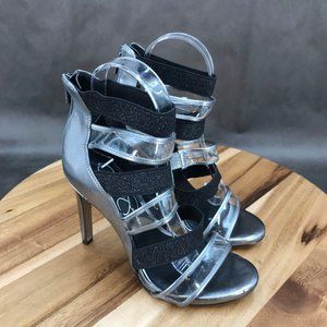 Jessica Simpson Silver Black Strappy Zip Up Pump Heel Sandals Womens Size 6 B